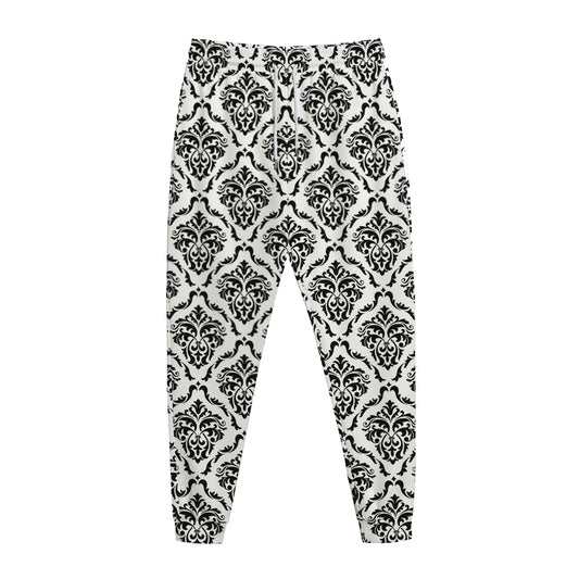 White And Black Damask Pattern Print Jogger Pants