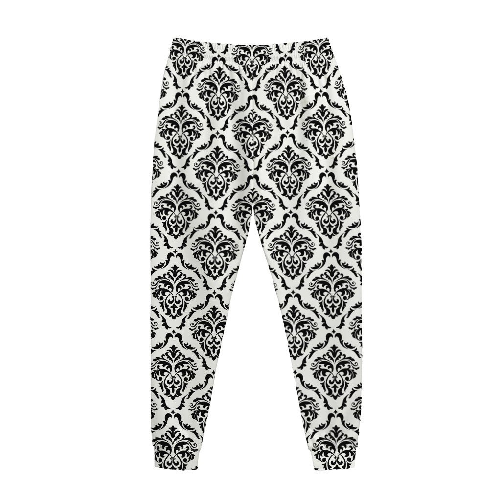 White And Black Damask Pattern Print Jogger Pants