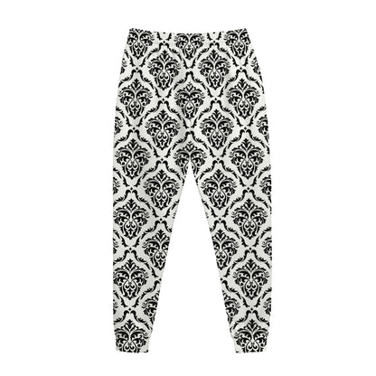White And Black Damask Pattern Print Jogger Pants