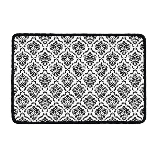 White And Black Damask Pattern Print Kitchen Mat
