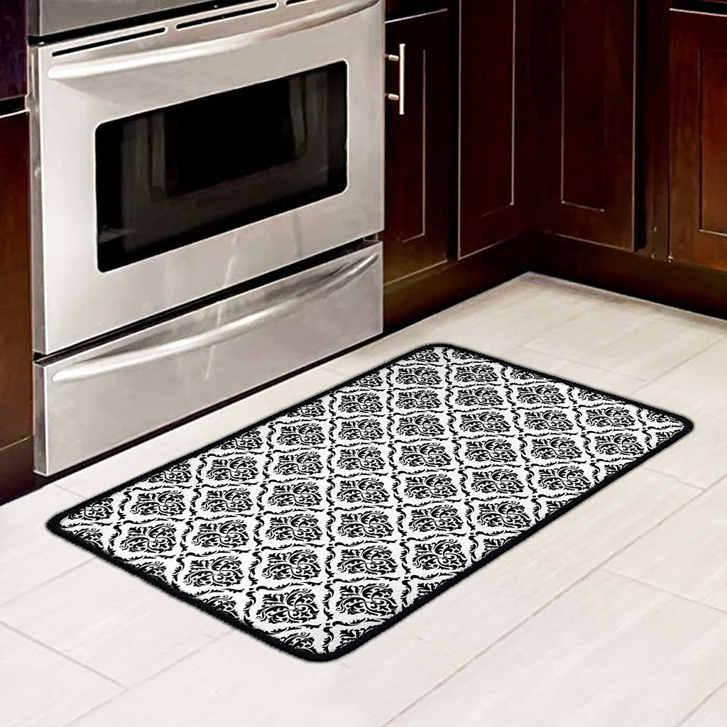 White And Black Damask Pattern Print Kitchen Mat