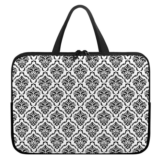 White And Black Damask Pattern Print Laptop Sleeve With Handle