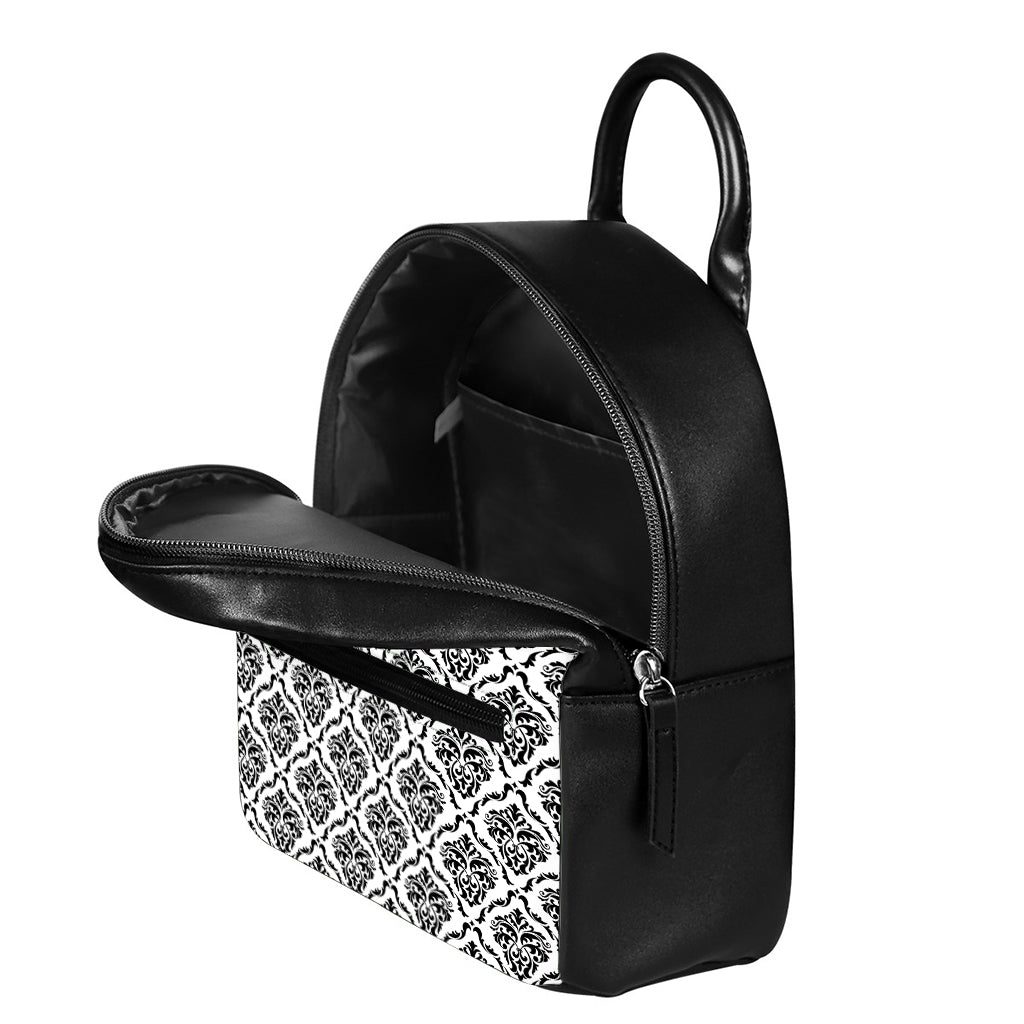 White And Black Damask Pattern Print Leather Backpack