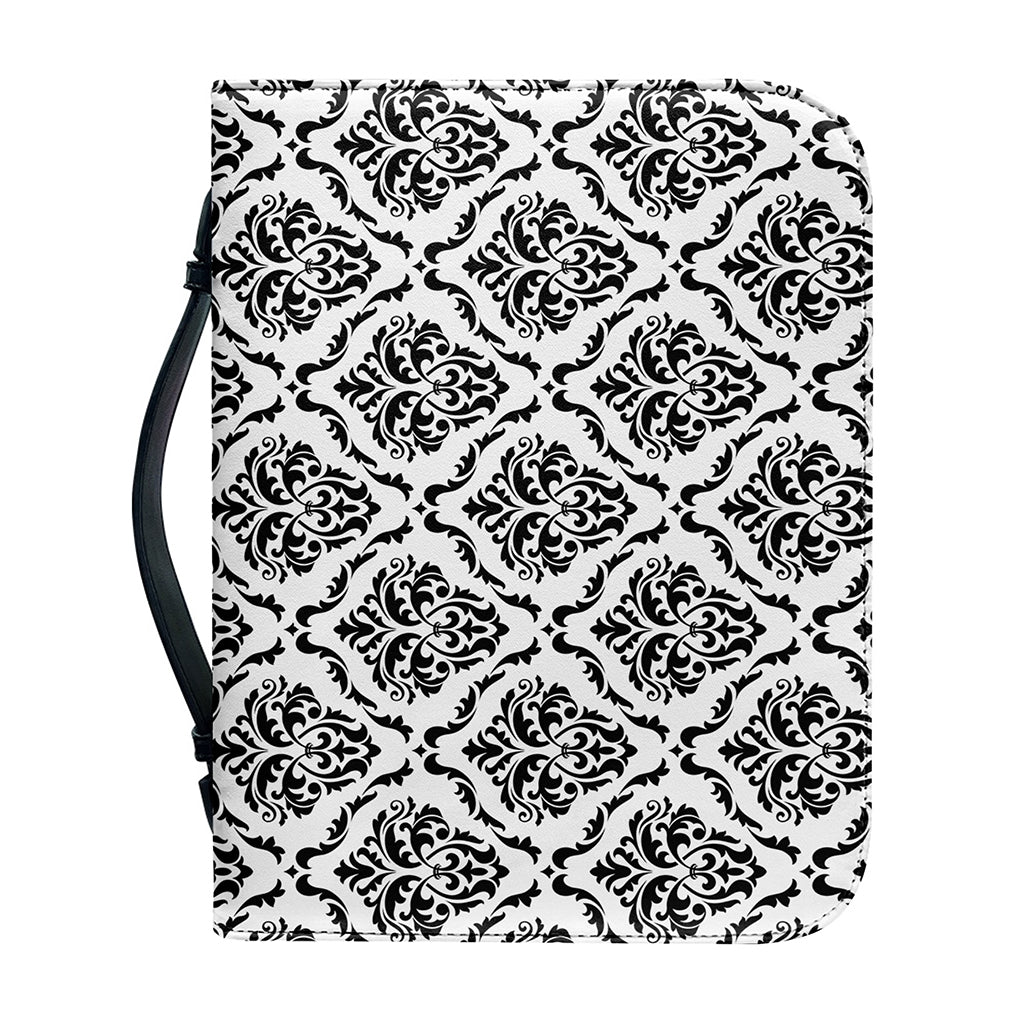 White And Black Damask Pattern Print Leather Bible Cover