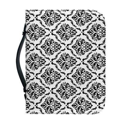 White And Black Damask Pattern Print Leather Bible Cover