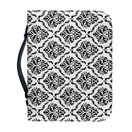 White And Black Damask Pattern Print Leather Bible Cover