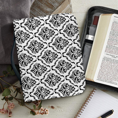White And Black Damask Pattern Print Leather Bible Cover