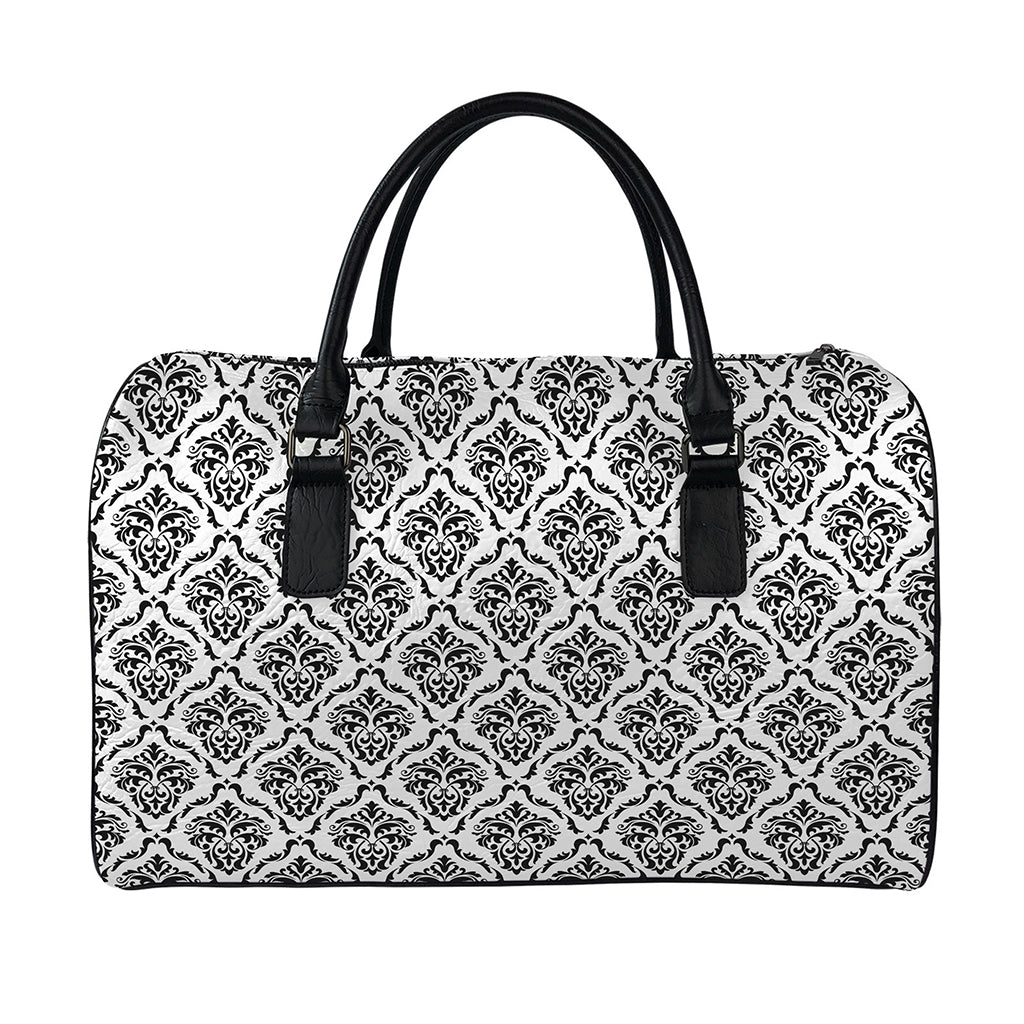 White And Black Damask Pattern Print Leather Duffle Bag