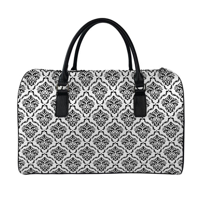 White And Black Damask Pattern Print Leather Duffle Bag