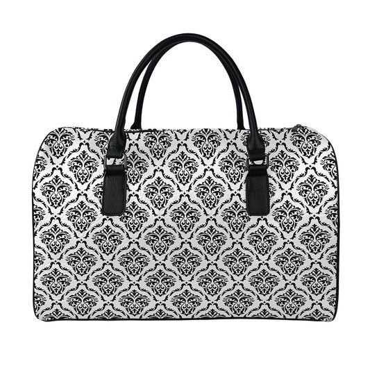 White And Black Damask Pattern Print Leather Duffle Bag