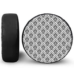 White And Black Damask Pattern Print Leather Spare Tire Cover