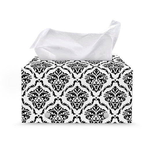 White And Black Damask Pattern Print Leather Tissue Box Cover