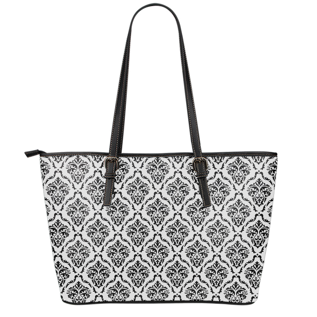 White And Black Damask Pattern Print Leather Tote Bag