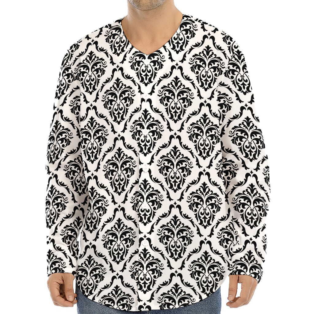 White And Black Damask Pattern Print Long Sleeve Baseball Jersey