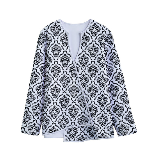 White And Black Damask Pattern Print Long Sleeve Short Coat