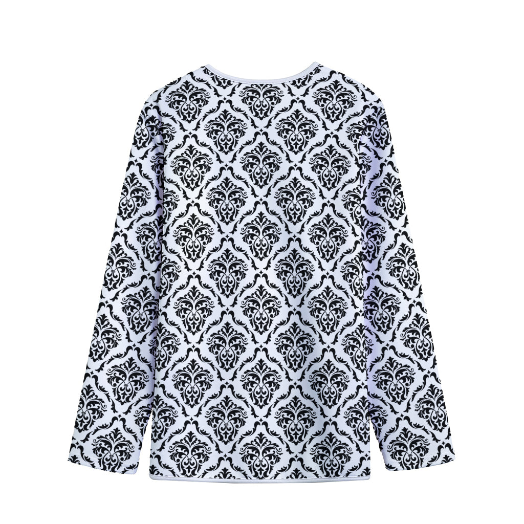 White And Black Damask Pattern Print Long Sleeve Short Coat