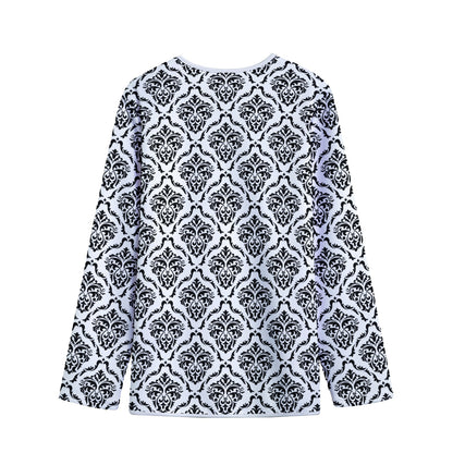 White And Black Damask Pattern Print Long Sleeve Short Coat