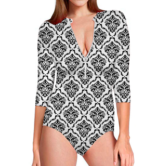 White And Black Damask Pattern Print Long Sleeve Swimsuit