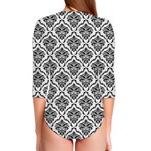 White And Black Damask Pattern Print Long Sleeve Swimsuit