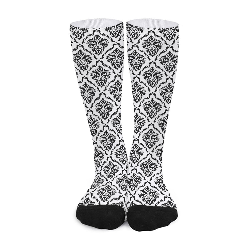 White And Black Damask Pattern Print Long Socks