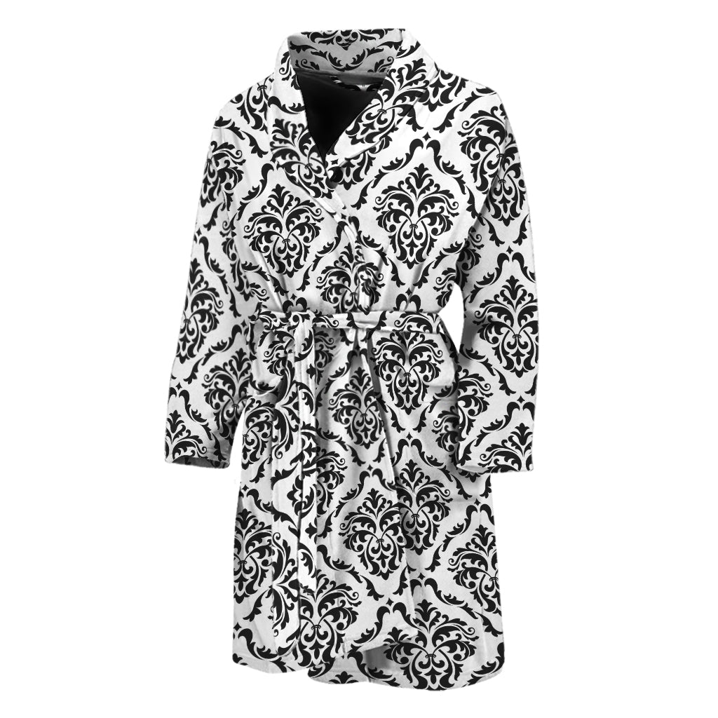 White And Black Damask Pattern Print Men's Bathrobe