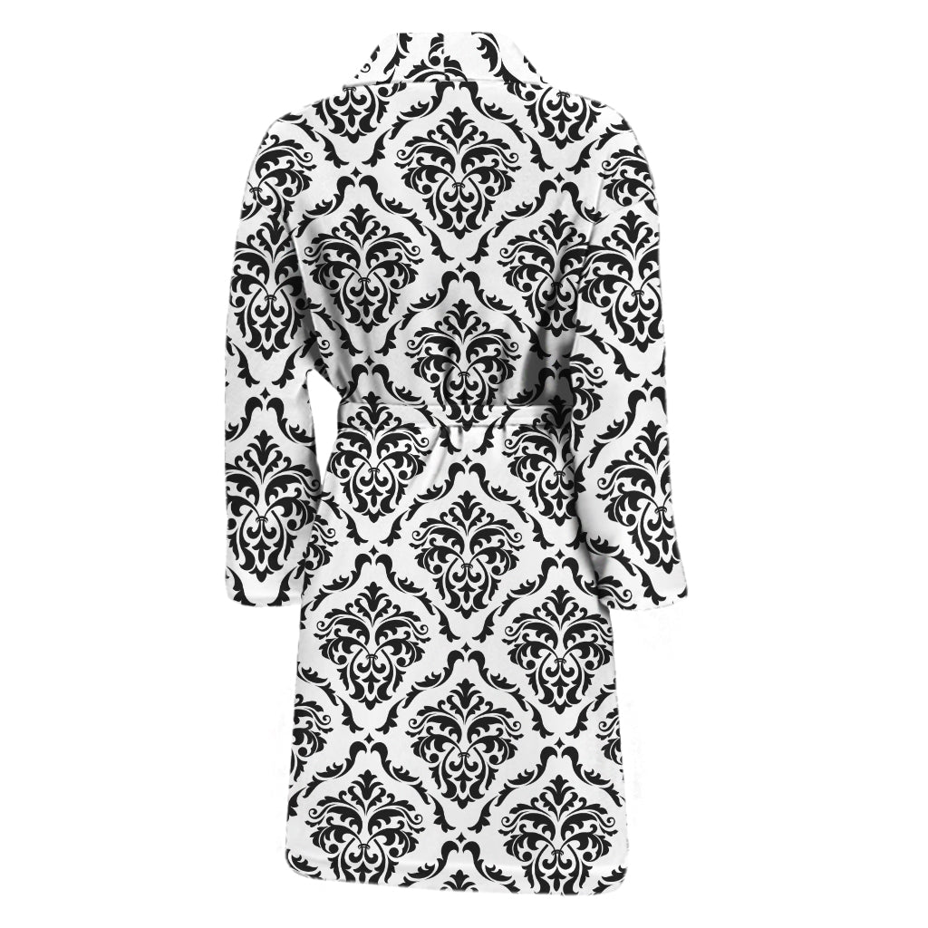 White And Black Damask Pattern Print Men's Bathrobe
