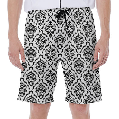 White And Black Damask Pattern Print Men's Beach Shorts