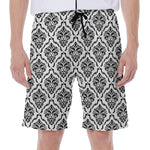 White And Black Damask Pattern Print Men's Beach Shorts