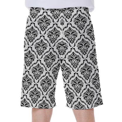 White And Black Damask Pattern Print Men's Beach Shorts