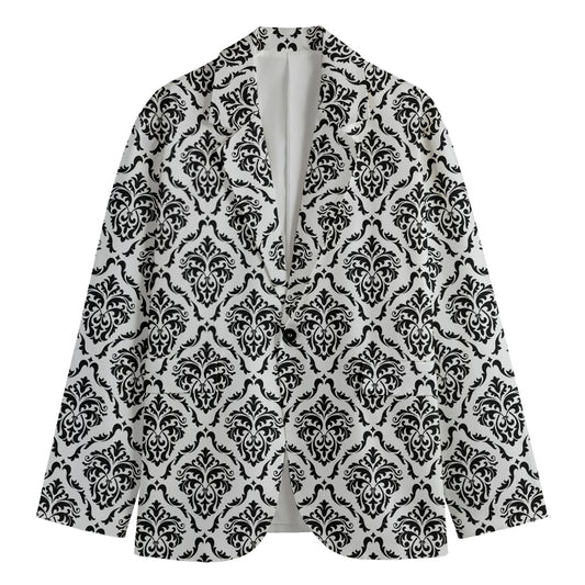 White And Black Damask Pattern Print Men's Blazer