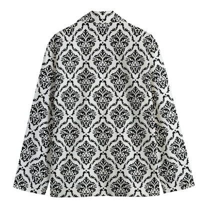White And Black Damask Pattern Print Men's Blazer