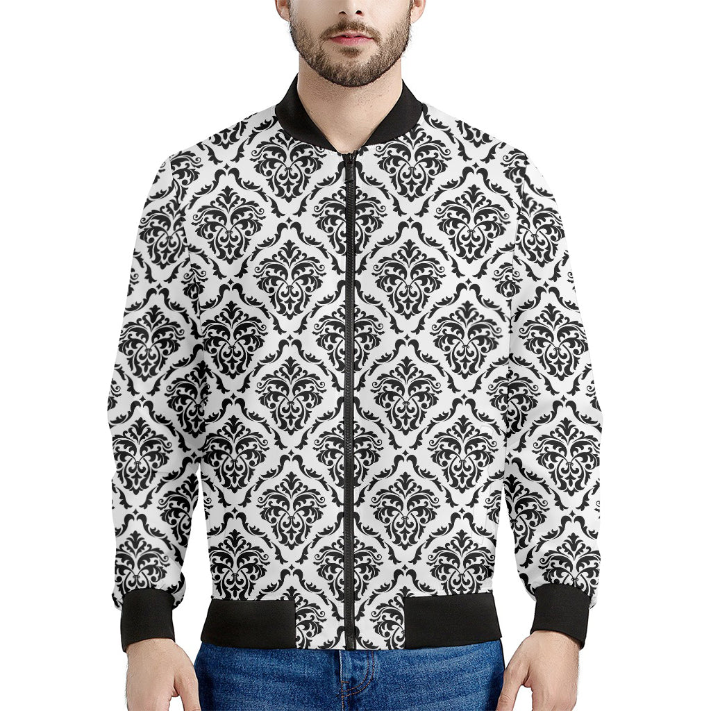 White And Black Damask Pattern Print Men's Bomber Jacket