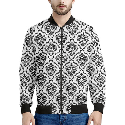 White And Black Damask Pattern Print Men's Bomber Jacket