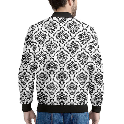 White And Black Damask Pattern Print Men's Bomber Jacket