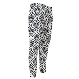 White And Black Damask Pattern Print Men's Compression Pants