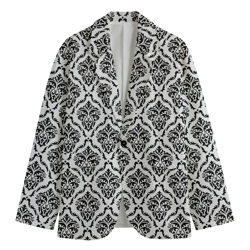 White And Black Damask Pattern Print Men's Cotton Blazer