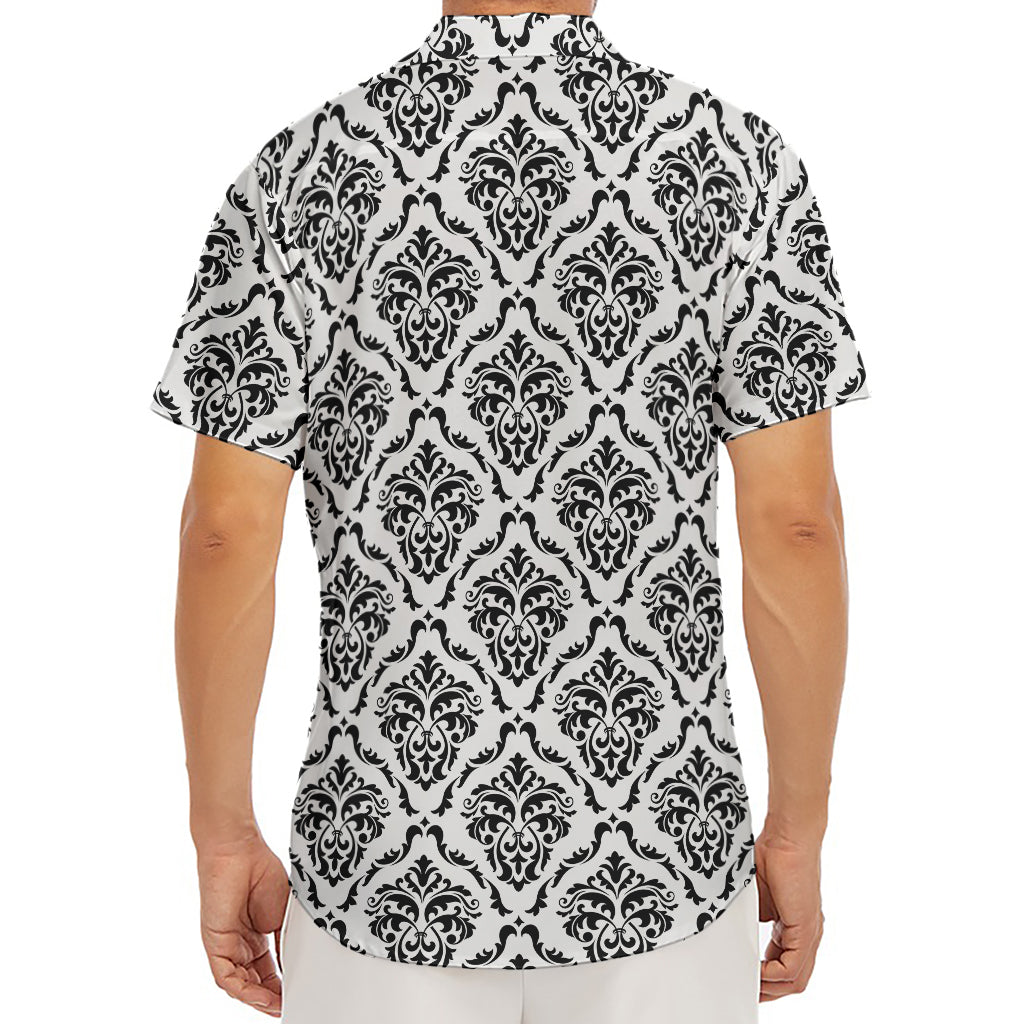 White And Black Damask Pattern Print Men's Deep V-Neck Shirt