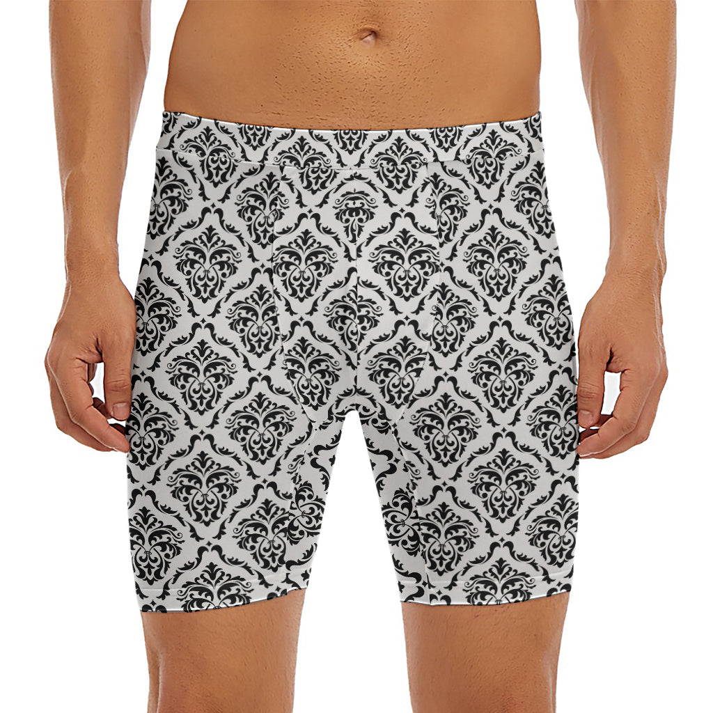 White And Black Damask Pattern Print Men's Long Boxer Briefs