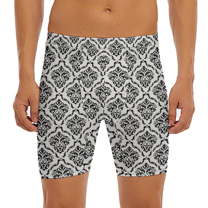 White And Black Damask Pattern Print Men's Long Boxer Briefs