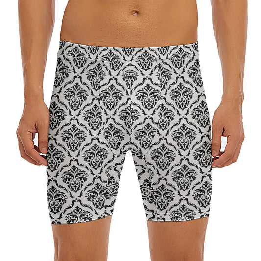 White And Black Damask Pattern Print Men's Long Boxer Briefs