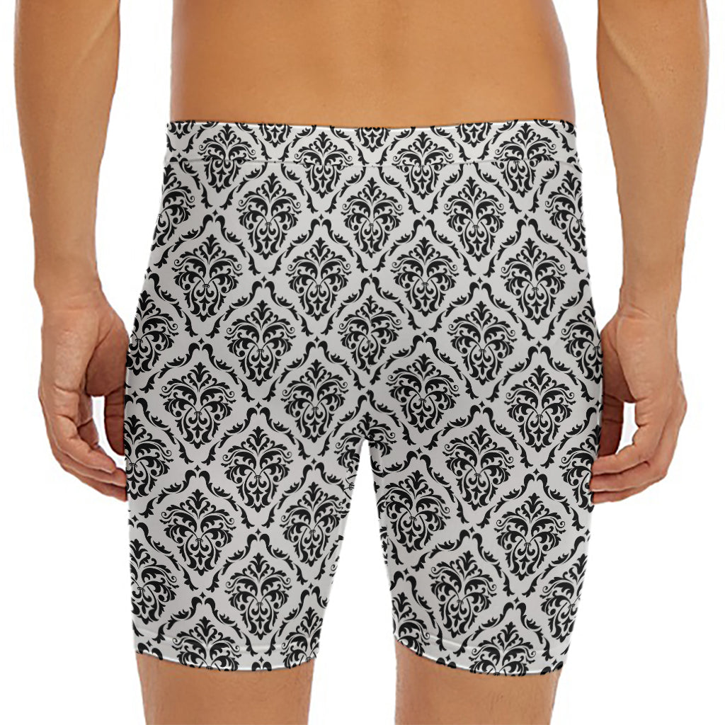 White And Black Damask Pattern Print Men's Long Boxer Briefs