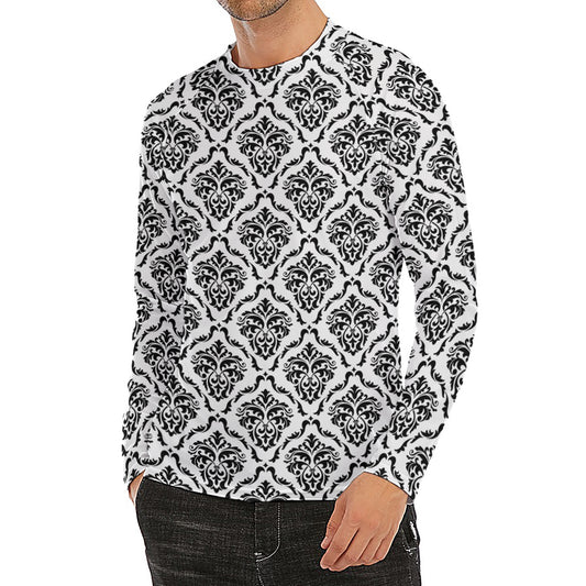White And Black Damask Pattern Print Men's Long Sleeve Rash Guard
