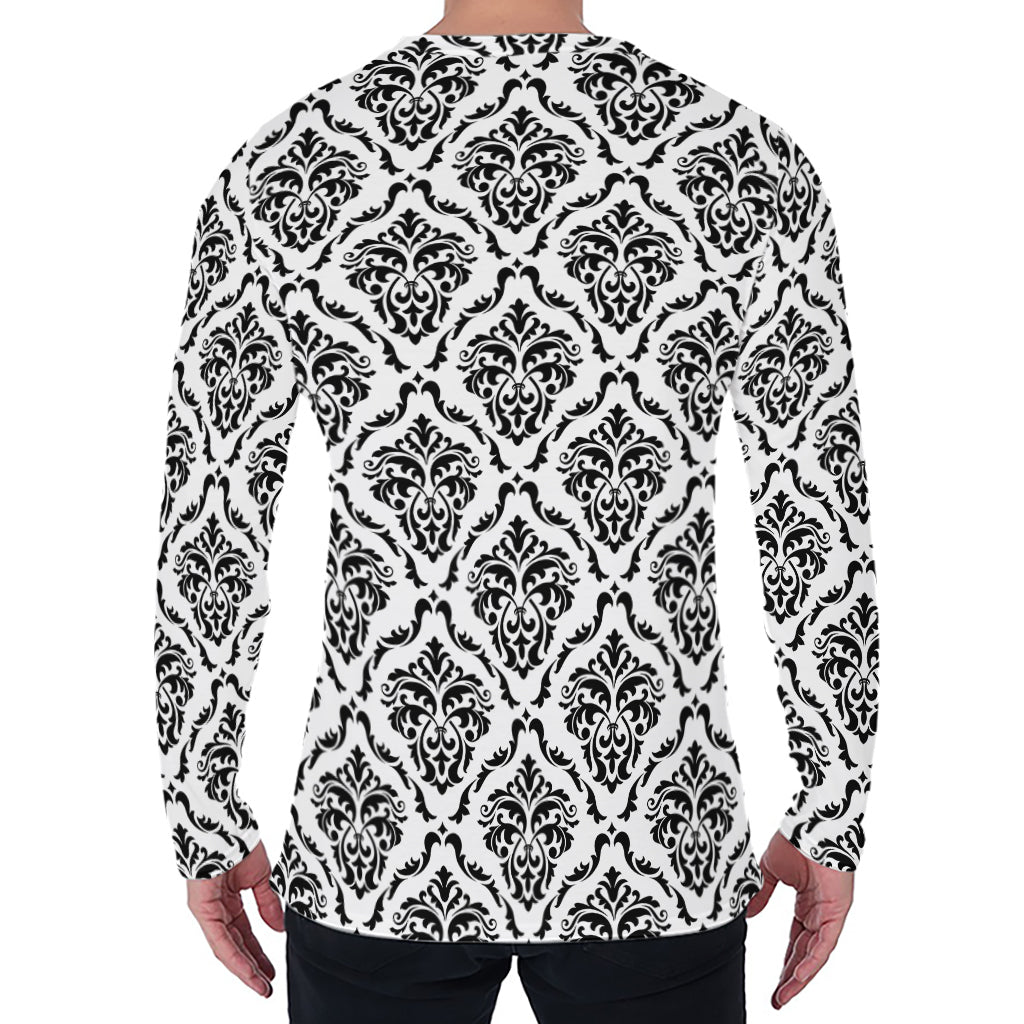 White And Black Damask Pattern Print Men's Long Sleeve T-Shirt