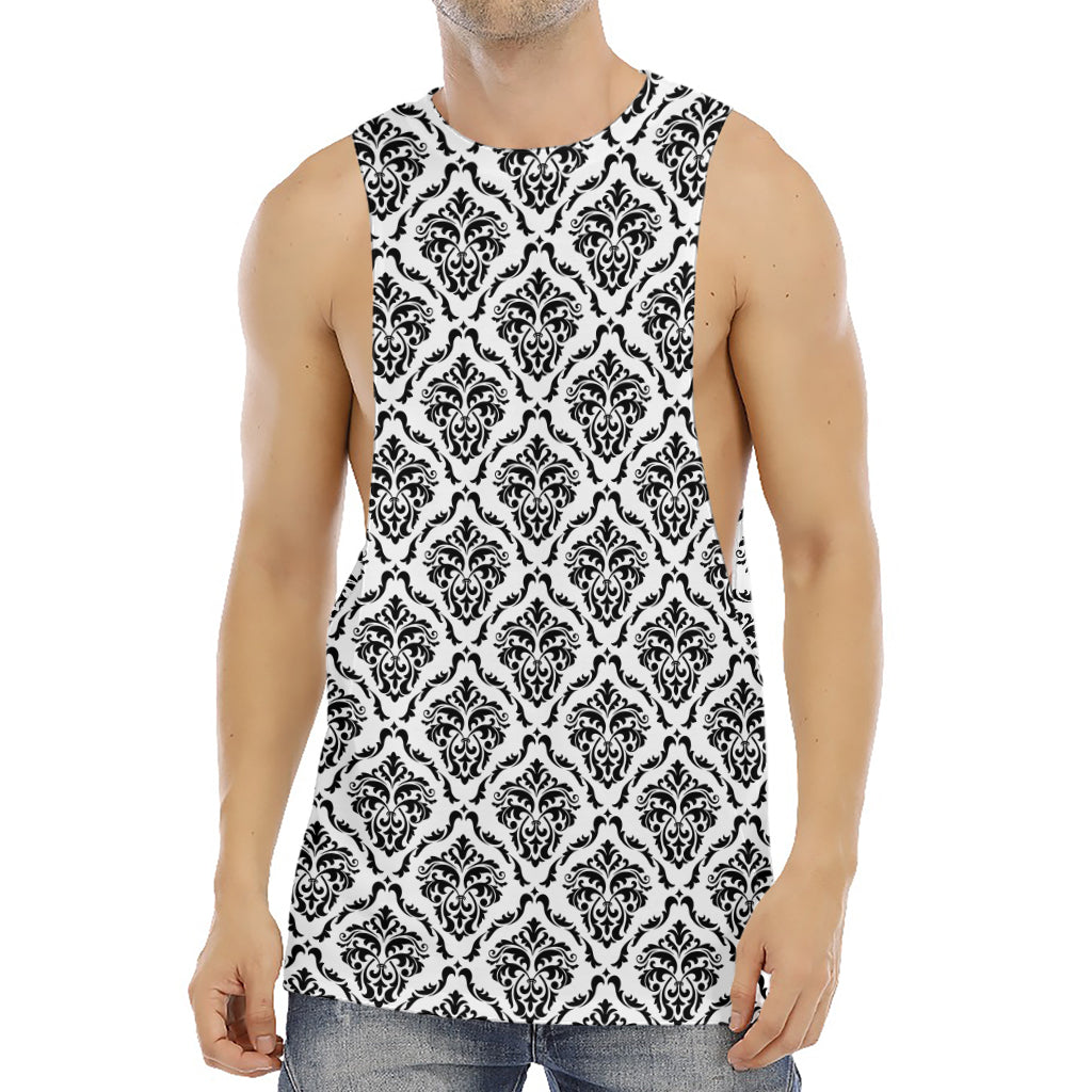 White And Black Damask Pattern Print Men's Muscle Tank Top