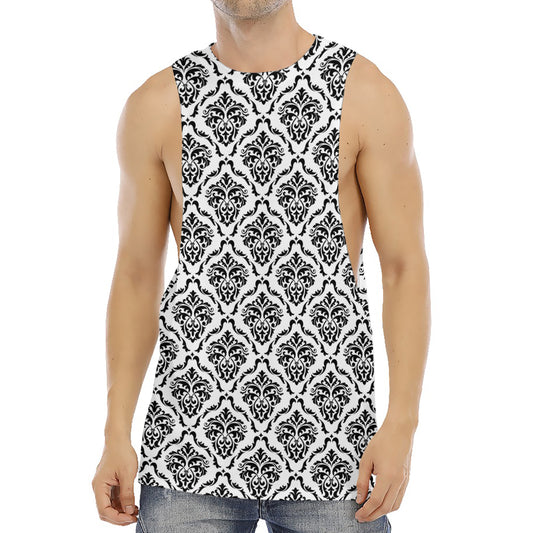 White And Black Damask Pattern Print Men's Muscle Tank Top