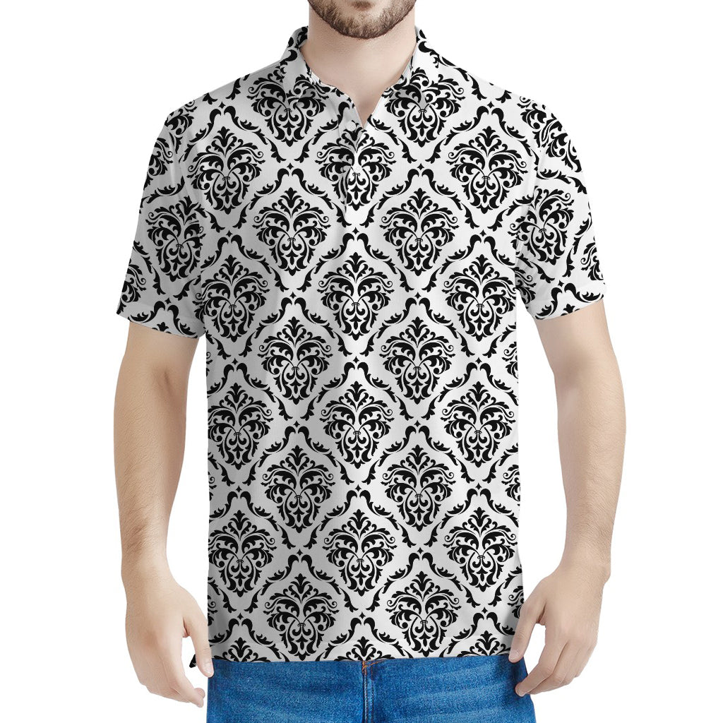 White And Black Damask Pattern Print Men's Polo Shirt