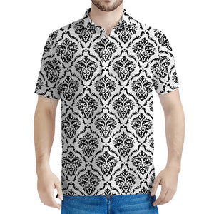 White And Black Damask Pattern Print Men's Polo Shirt