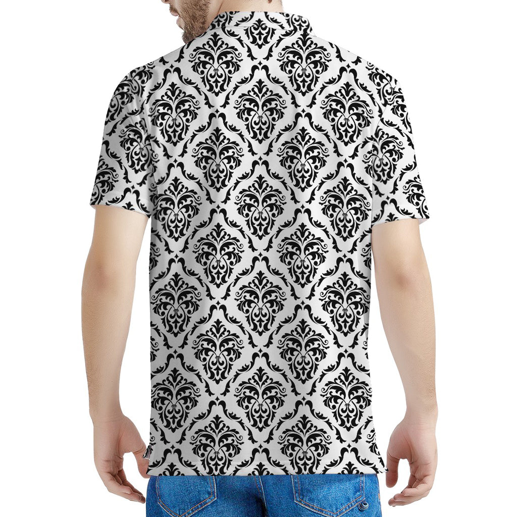 White And Black Damask Pattern Print Men's Polo Shirt