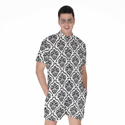 White And Black Damask Pattern Print Men's Rompers