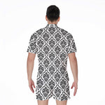 White And Black Damask Pattern Print Men's Rompers